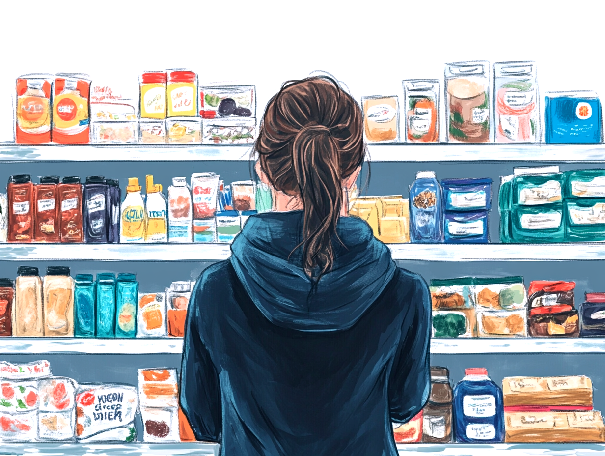 Illustration of a women starting at shelves full of products
