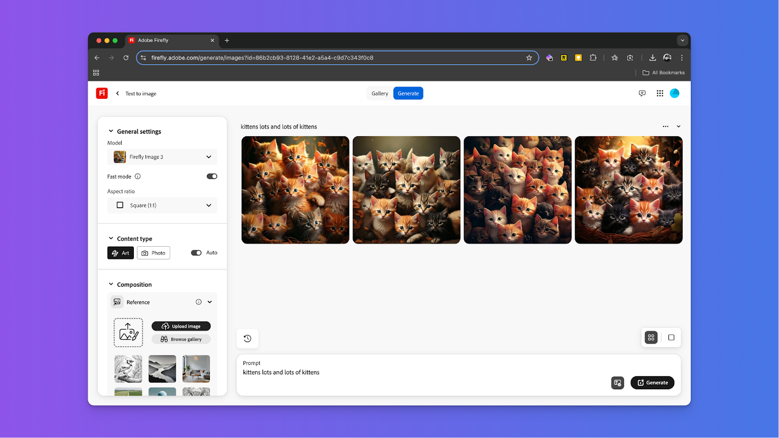Adobe Firefly User Interface with Kittens as output