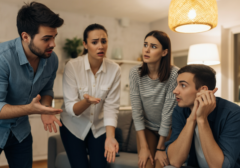 A group of friends looking confused and deciding what to have for dinner.