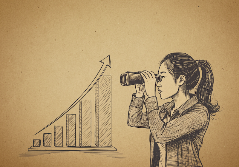 A woman looking through a pair of binoculars at a rising chart representing increased user growth